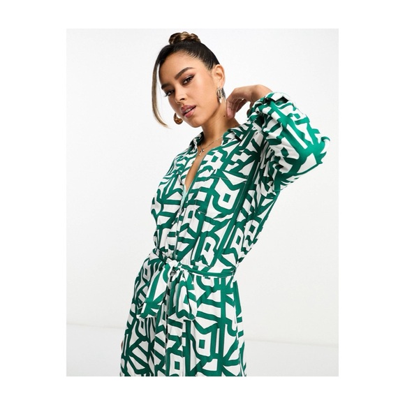 🆕 River Island Geo Printed Belted Shirt Dress in Green - Picture 5 of 5